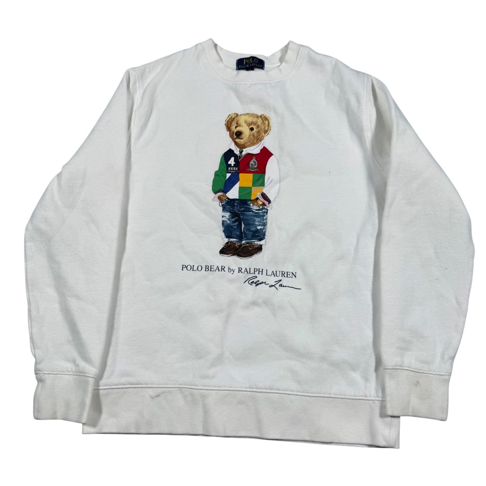 Polo Ralph Lauren Sweatshirt Boys L 14-16 White Polo Bear Graphic Pullover 1255
